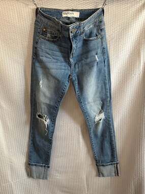 Enjean Women's Distressed Mid-Wash Cuffed Ankle Skinny Jeans Size 0